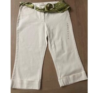 INC International Concepts White Mid-Calf Cropped Pants Green Paisley Belt 6P